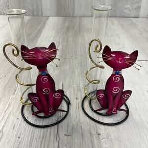 Vintage Metal Glass Whimsical Pink Swirl Cat Test Tube Bud Vase Set